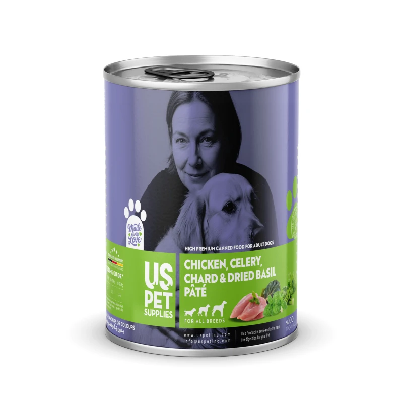 کنسرو غذای سگ یو اس پت مدل های پریمیوم طعم مرغ، کرفس، زغال اخته و ریحان وزن 800 گرم