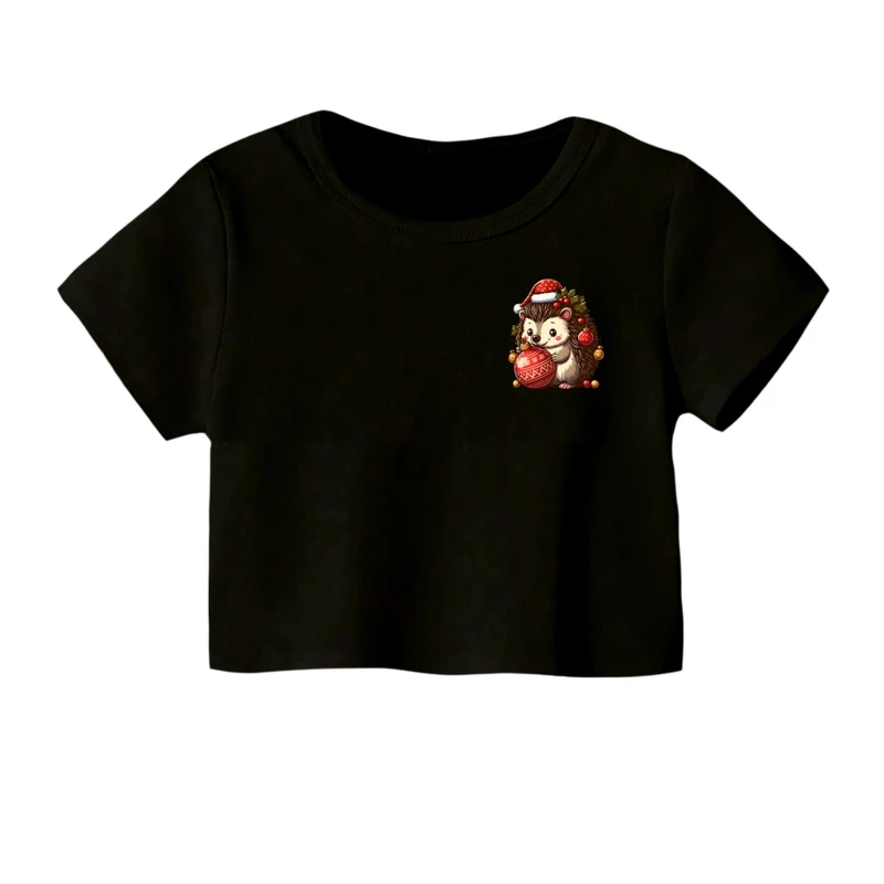 کراپ‌ تی‌شرت آستین کوتاه زنانه مدل جوجه تیغی کریسمس کد 1