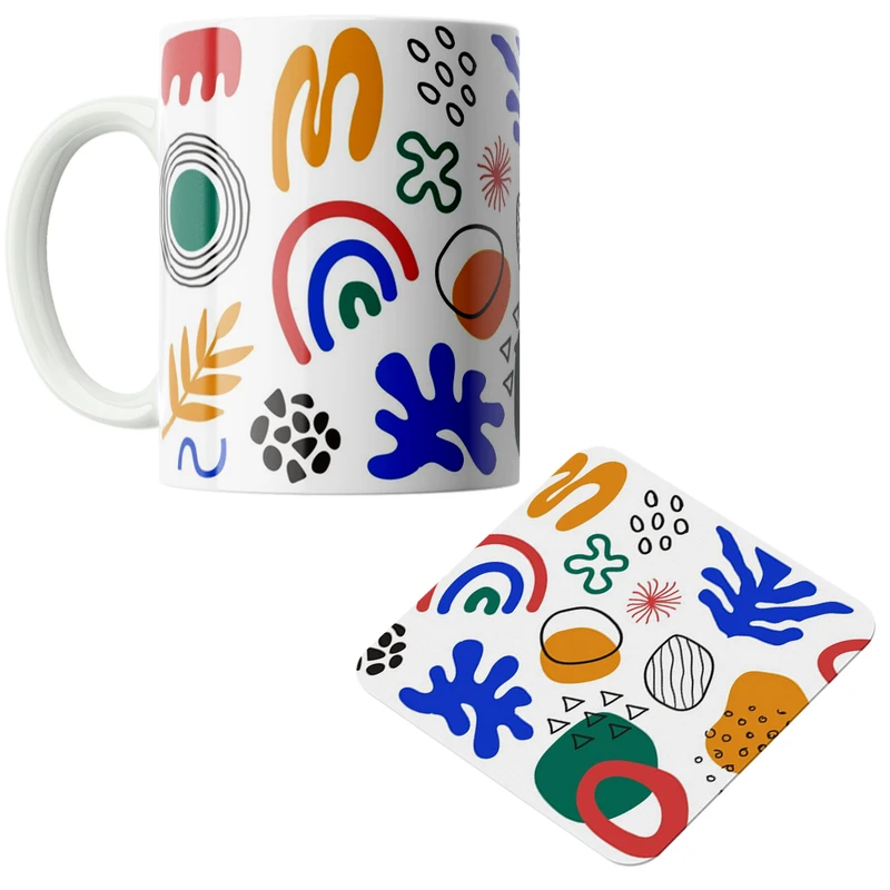 ماگ پاد آفرین مدل طرح و خطوط رنگی کد DKC501 به همراه زیر لیوانی