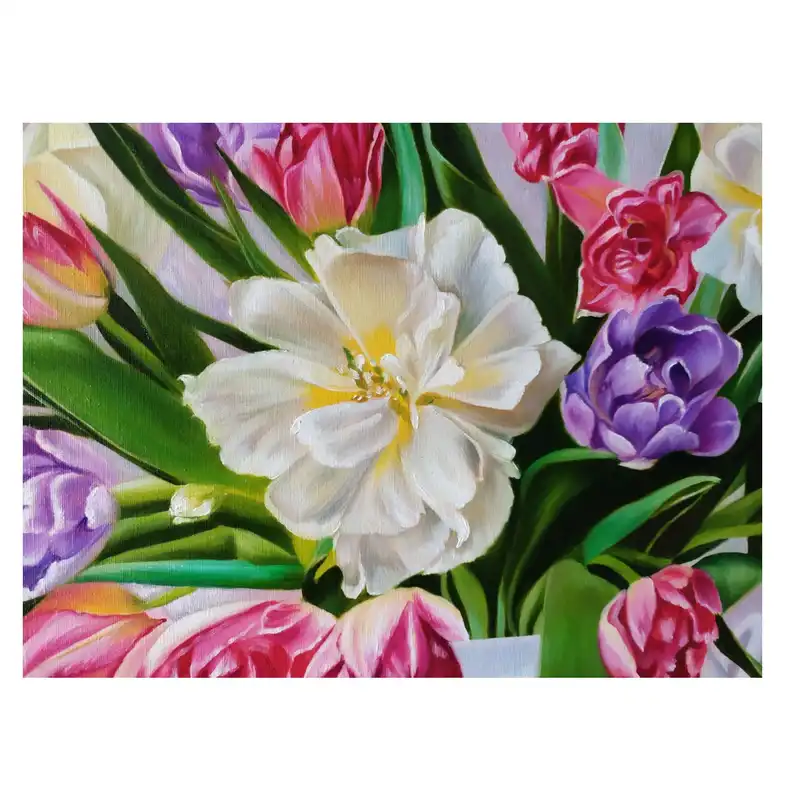 تابلو نقاشی رنگ روغن طرح گربه و گل