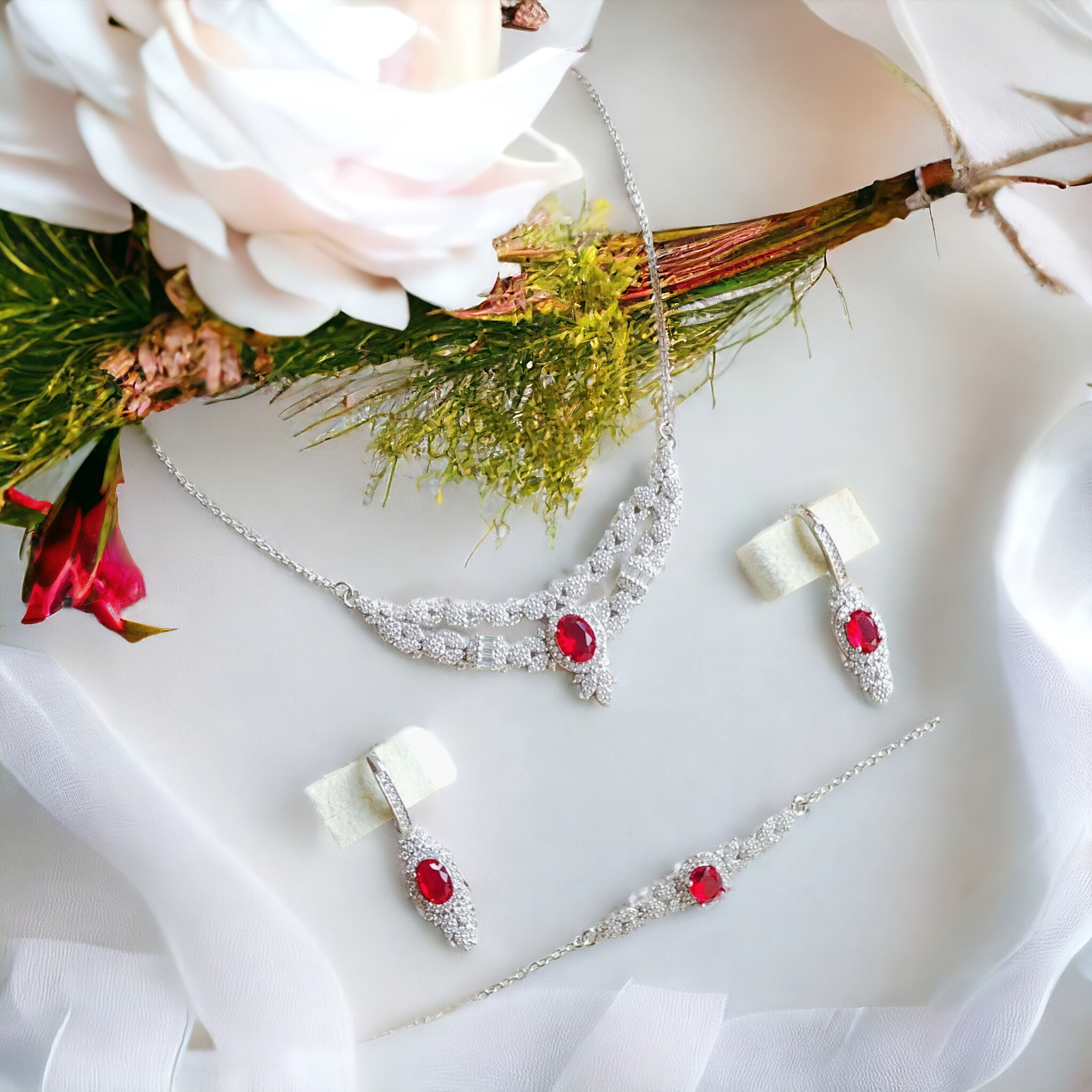 نیم ست نقره زنانه مدل دو ردیف یاقوت