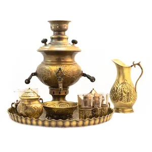 سرویس سماور ذغالی 12 پارچه برنجی مدل قلم کاری کد 3266