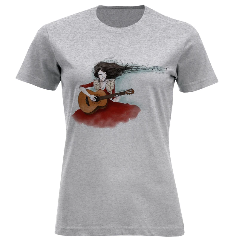 تی شرت آستین کوتاه زنانه مدل دختر و گیتار F754