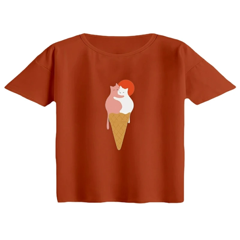 کراپ تی‌شرت آستین کوتاه زنانه مدل بستنی گربه ای