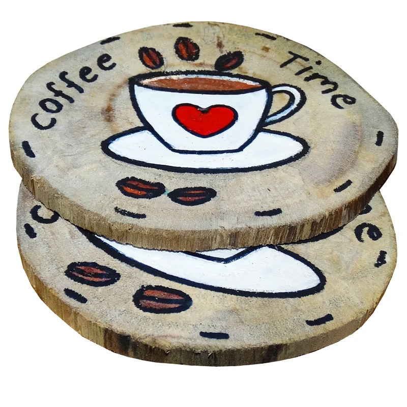 زیر لیوانی چوبی مدل تنه درخت طرح coffee time بسته 2 عددی