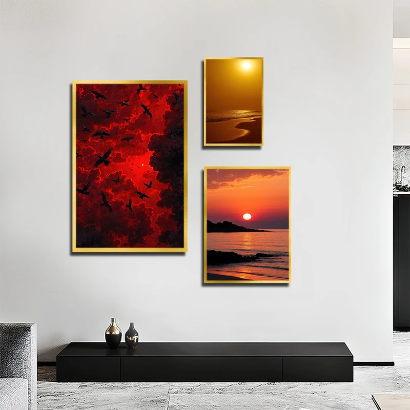 تابلو بکلیت طرح غروب خورشید و آسمان و پرنده مدل T-3282 مجموعه 3 عددی