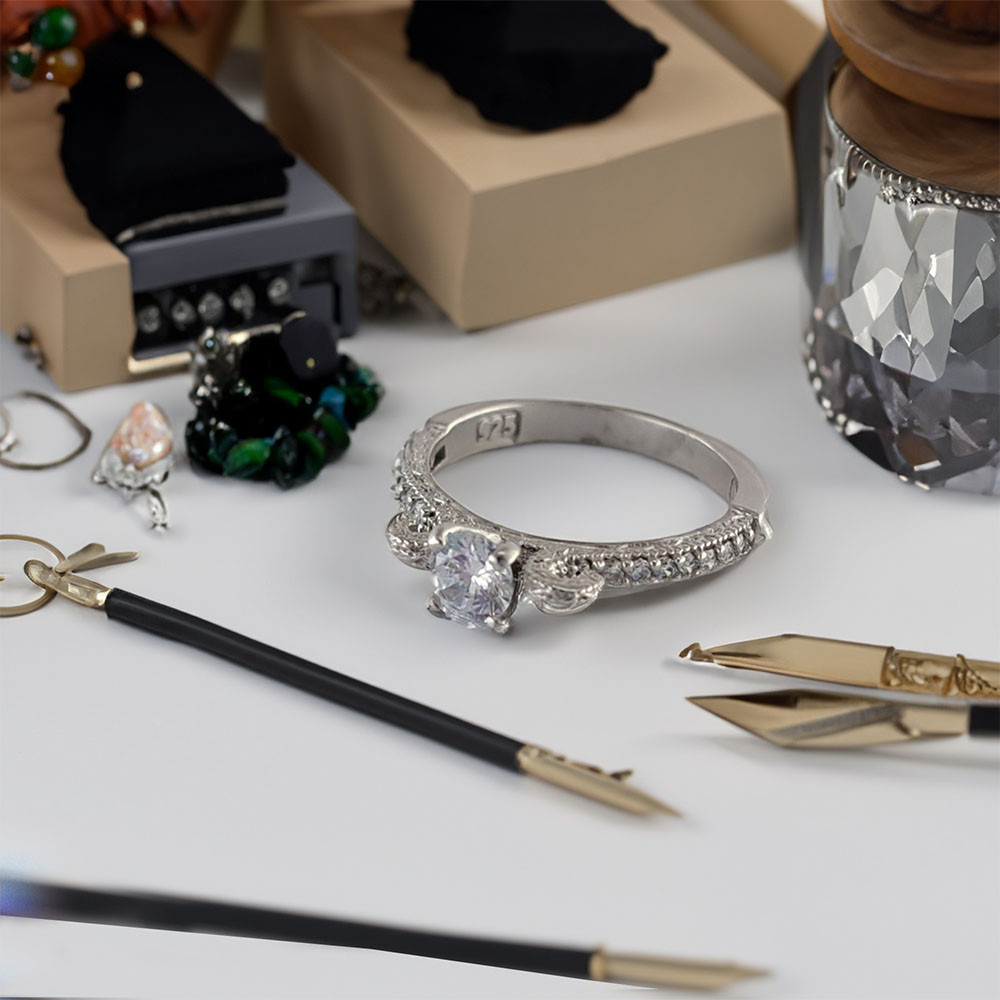 انگشتر نقره زنانه ملک زیور مدل  حلقه سولیتر طرح جواهر کد 32