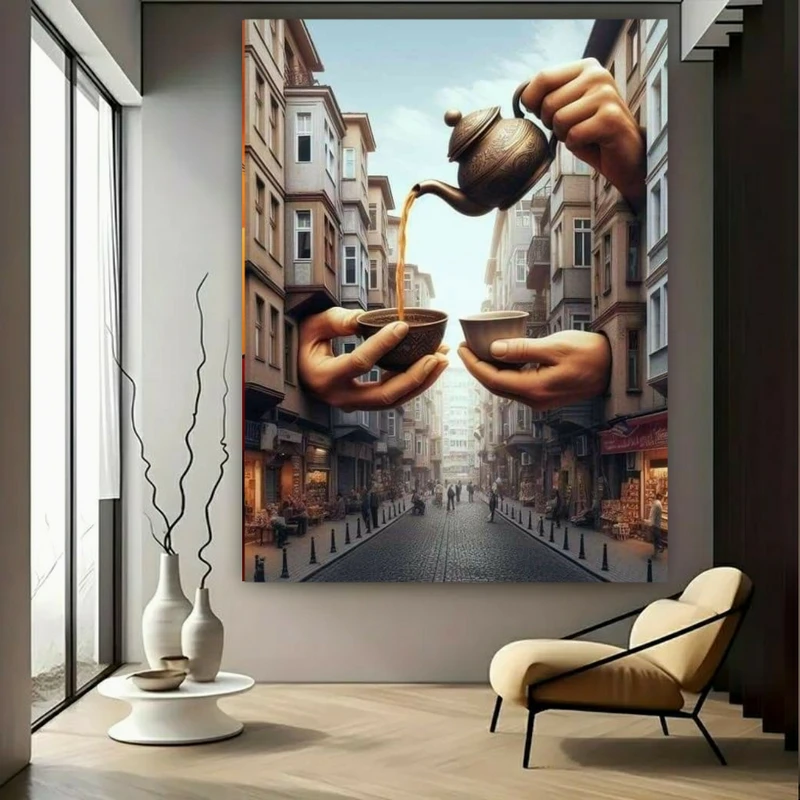 تابلو بوم طرح مخمل فنجان قهوه مدل شهری کد BK23609