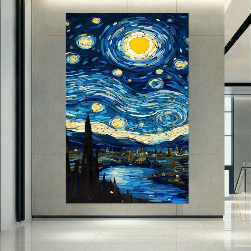 پوستر پارچه ای طرح مخمل شب پرستاره ونگوگ مدل شهر نورانی کد AR303666