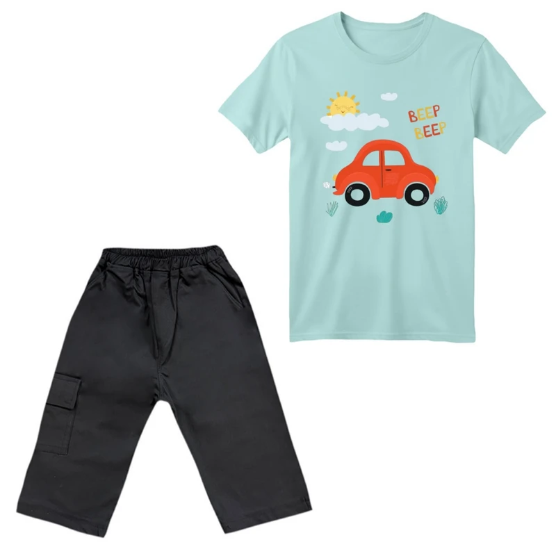 ست تی‌شرت آستین کوتاه و شلوارک پسرانه مدل ماشین کد ۴