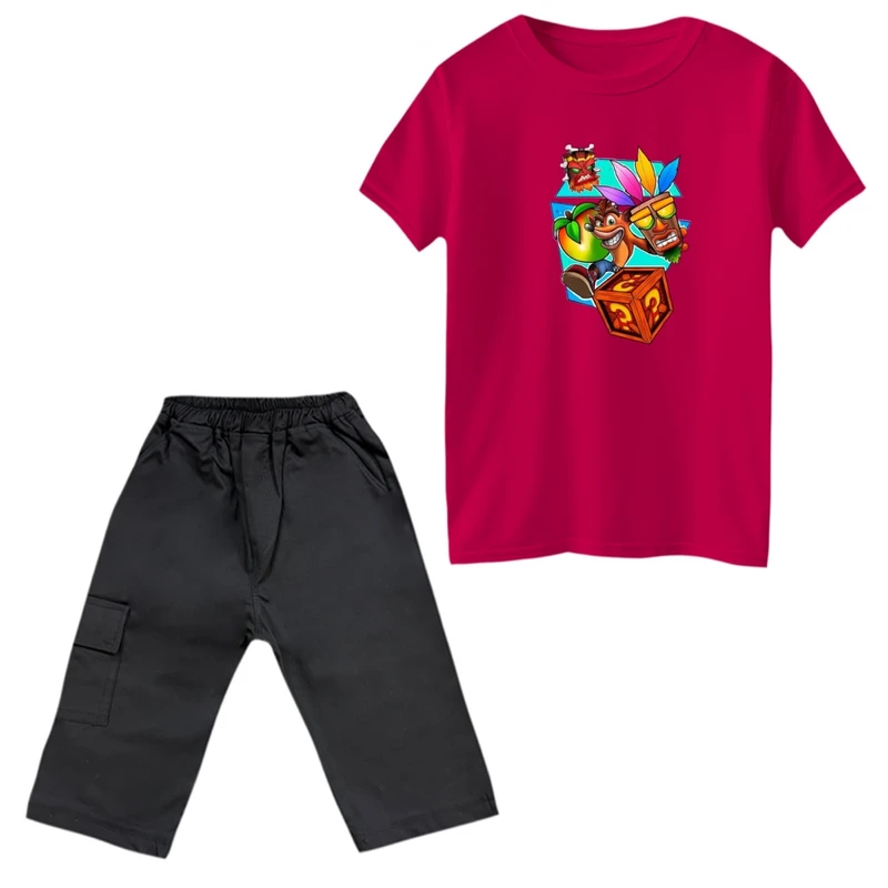 ست تی‌شرت و شلوارک پسرانه مدل کراش کد 4 رنگ سرخابی