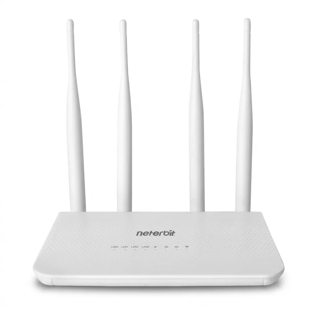 مودم 4G LTE نتربیت مدل NW-431F با پشتیبانی از استاندارد Wi-Fi 4، سرعت 300Mbps در باند 2.4GHz، چهار پورت LAN برای اتصال سیمی پایدار و منبع تغذیه آداپتور برق