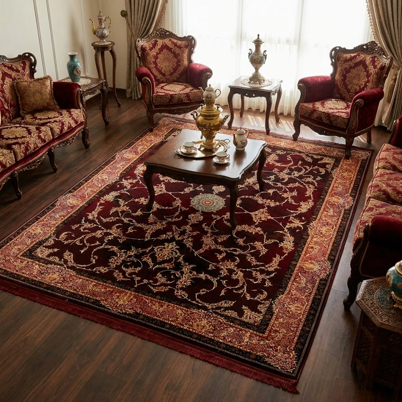فرش ماشینی 700 شانه لک لک  زمینه لاکی حاشیه لاکی مدل 8811
