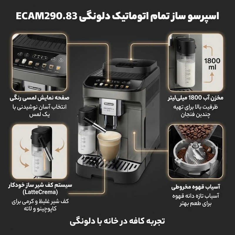 عکس شماره 2 : اسپرسوساز خانگی 1800 میلی لیتری دلونگی مدل ecam290.83، تمام اتوماتیک با مصرف دانه قهوه، مناسب تهیه اسپرسو، کاپوچینو و ریسترتو، دارای 2 عدد نازل قهوه، آسیاب قهوه، سیستم گرم کردن فنجان، مکانیزم نظافت خودکار، سینی چکه گیر