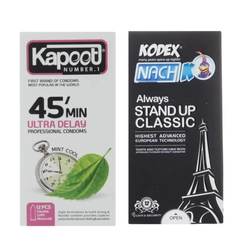 کاندوم تاخیری کاپوت مدل 45MIN بسته 12 عددی به همراه کاندوم کلاسیک کدکس مدل STANDUP بسته 12 عددی