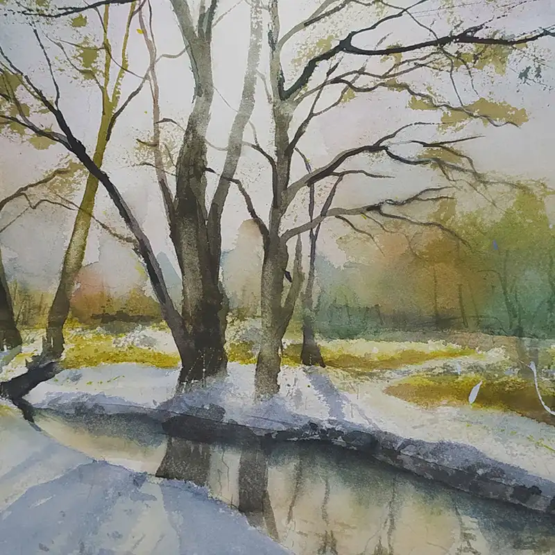 نقاشی آبرنگ طرح رودخانه در زمستان کد 4