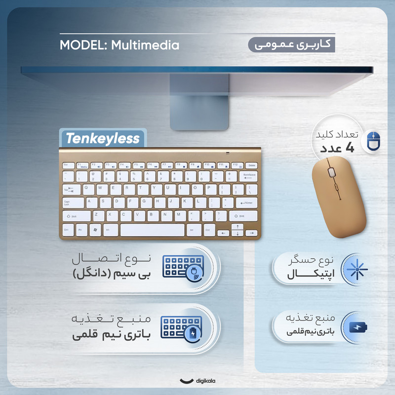 کیبورد و موس بیسیم مدل Multimedia، سوییچ ممبران، Tenkeyless