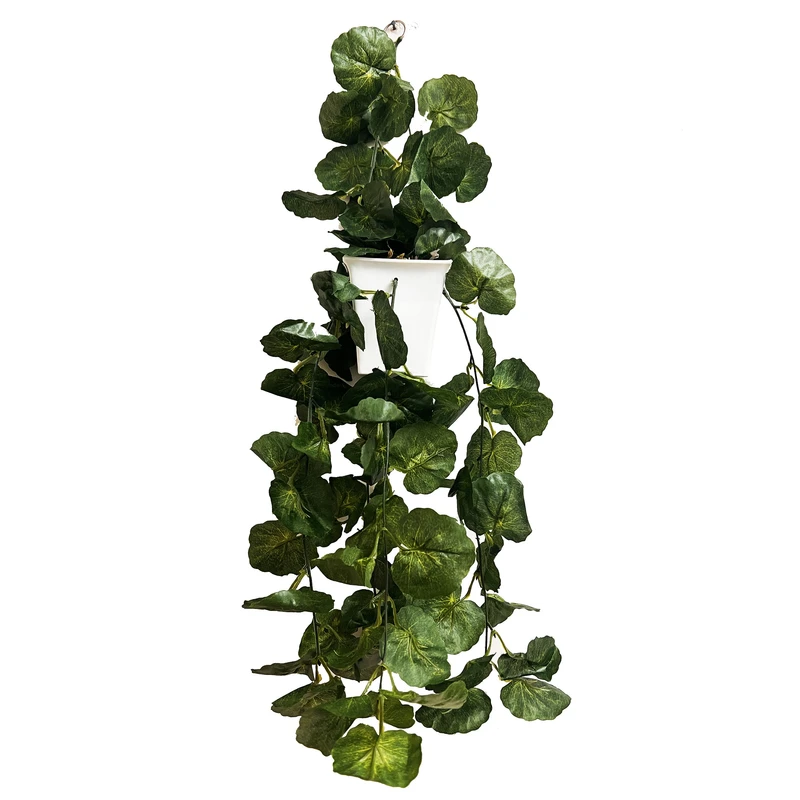 گلدان به همراه گل مصنوعی مدل آویز مربعی برگ شمعدانی