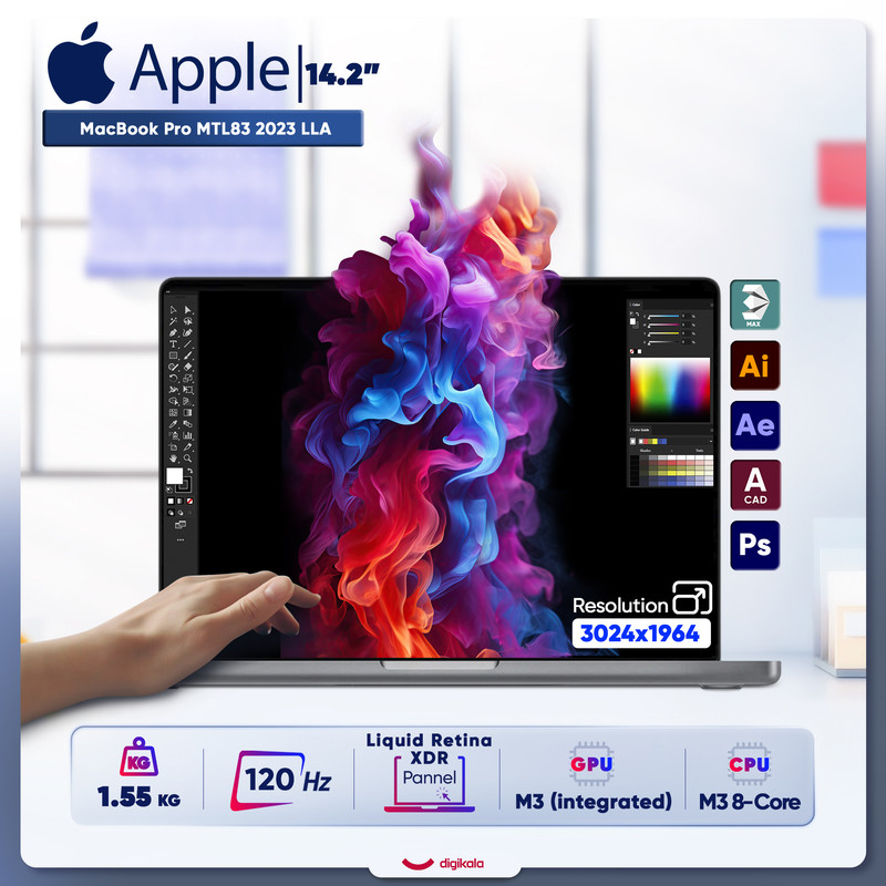 لپ تاپ 14.2 اینچی اپل مدل MacBook Pro MTL83 2023 LLA-M3-8GB RAM-1TB SSD