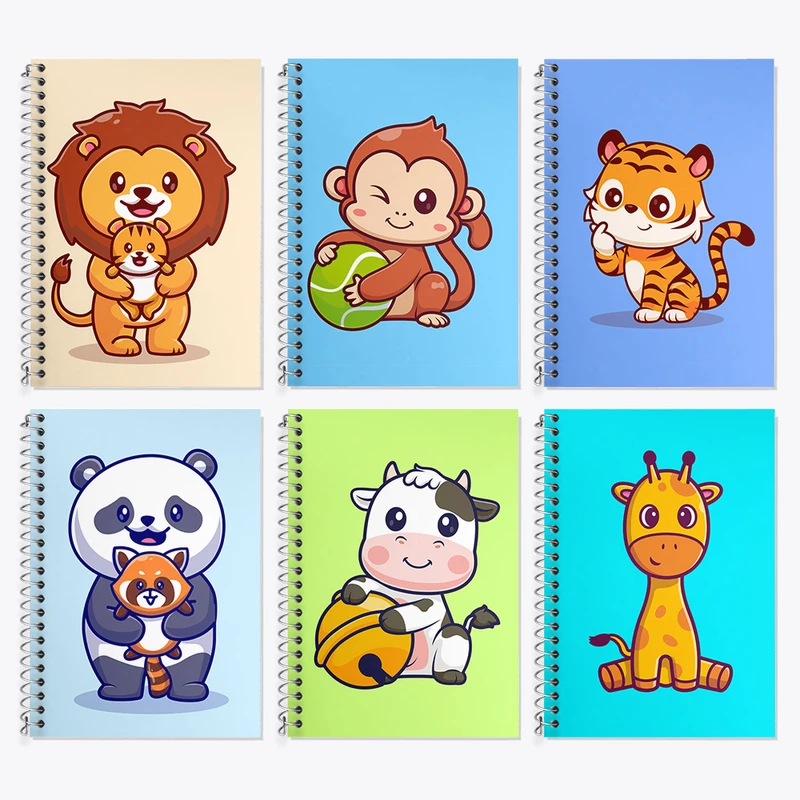 دفتر زبان 50 برگ خندالو مدل دو خط طرح حیوانات بامزه کد 435 مجموعه 6 عددی