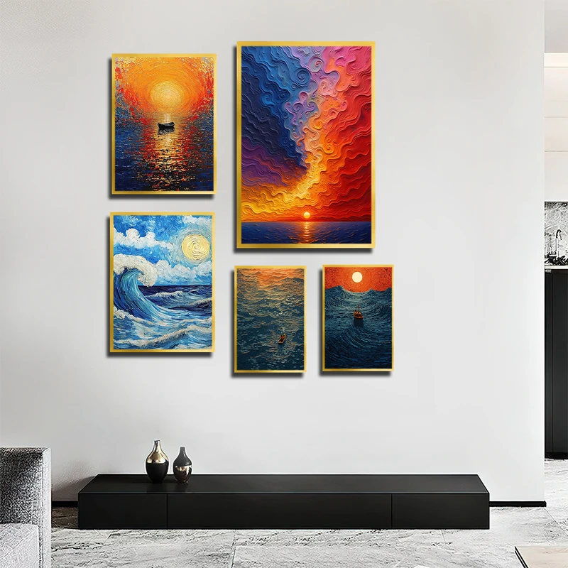 تابلو بکلیت طرح نقاشی رنگ روغن دریا و غروب مدل T-3781 فریم طلایی مجموعه 5 عددی