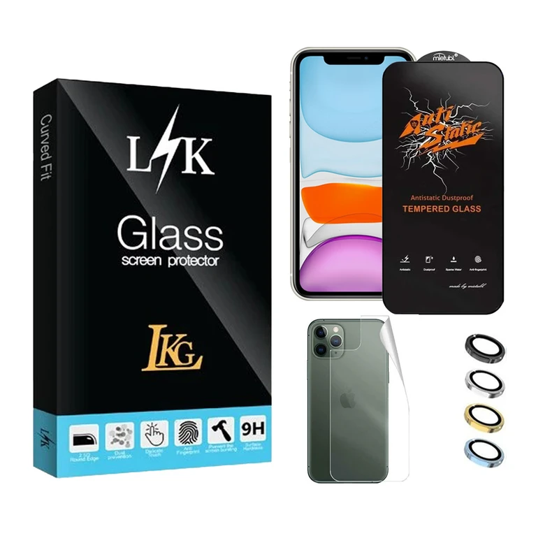 محافظ صفحه نمایش ال کا جی مدل انتی استاتیک مناسب برای گوشی موبایل اپل iPhone 11 Pro به همراه محافظ پشت گوشی و محافظ لنز