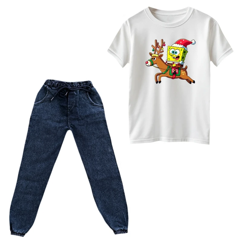 ست تی‌شرت و شلوار پسرانه مدل باب اسفنجی کریسمس کد 1