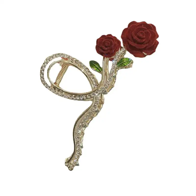 کلیپس مو زنانه مدل فلزی طرح رز مخملی نگینی