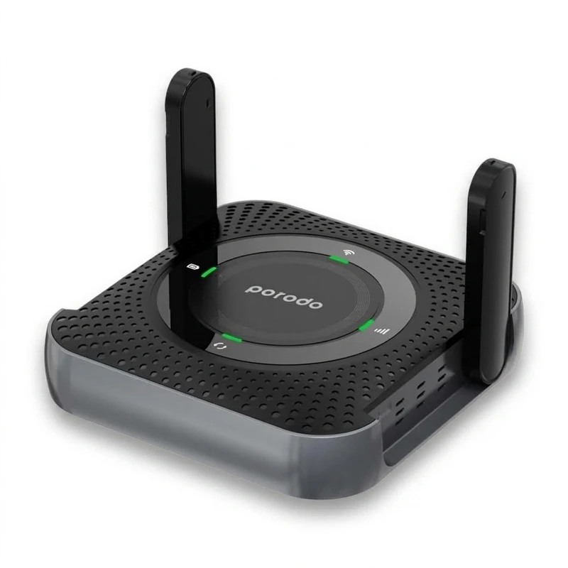 مودم روتر قابل حمل پرودو مدل PD-4GCPME-BKGY با پشتیبانی 4G LTE، باتری 4000 میلی‌آمپرساعتی با شارژدهی 12 ساعت، اتصال همزمان تا 10 دستگاه، پورت LAN و فرکانس 2.4 گیگاهرتز