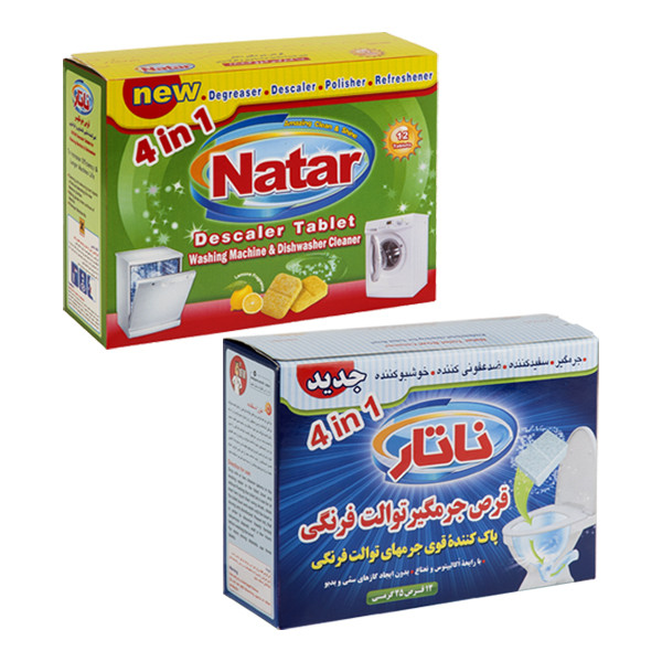 قرص جرمگیر ماشین لباسشویی و ظرفشویی ناتار مدل لیمو بسته 12عددی و قرص جرمگیر توالت فرنگی ناتار مدل اکالیپتوس بسته 12 عددی مجموعه 2عددی