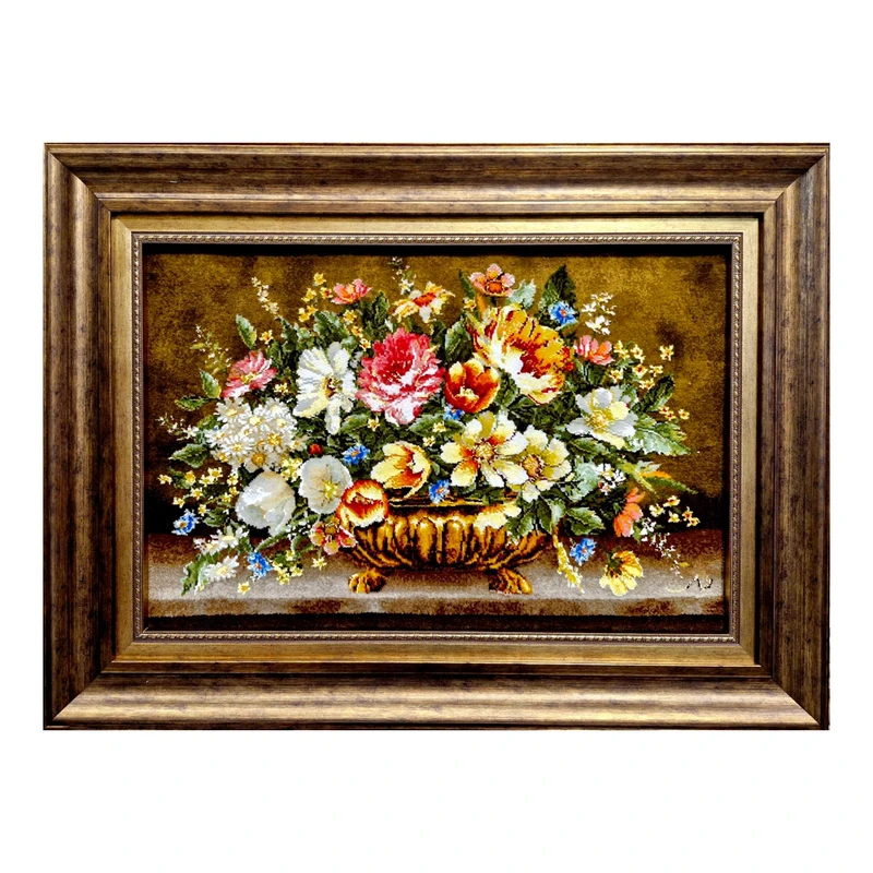 تابلو فرش دستباف طرح گلدان گل ابریشمی  کدDL001