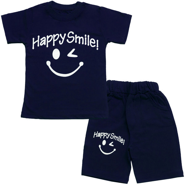 ست تی شرت و شلوارک پسرانه مدل happy smile کد 138 رنگ سورمه ای