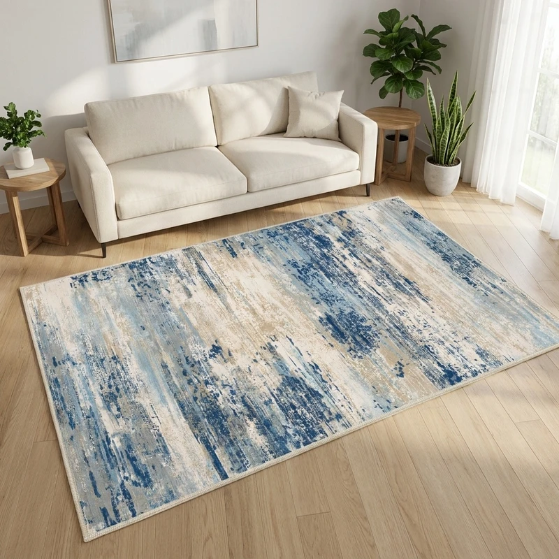 فرش ماشینی 1000 شانه زمینه کرم حاشیه سرمه ای مدل نانو چاپ بدون پرز طرح مینیمال دلتا کد OR.1122.05