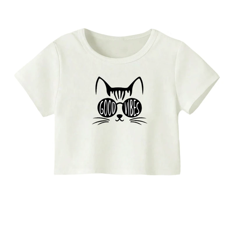 کراپ‌ تی‌شرت آستین کوتاه زنانه مدل گربه فشن کد 02