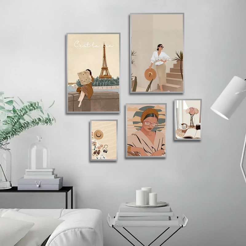 تابلو ساده بکلیت طرح نقاشی برج ایفل و استایل مدل شاین اکلیلی SI-2804 فریم نقره ای مجموعه 5 عددی