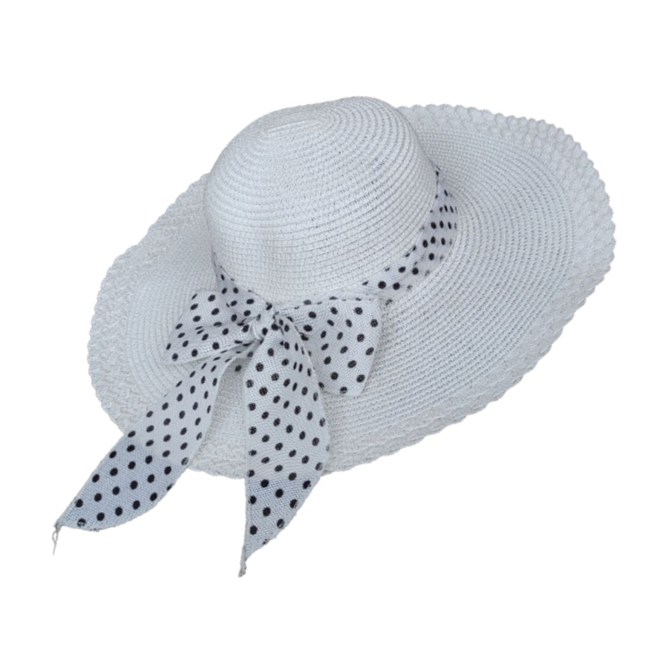 کلاه حصیری زنانه مدل پاپیون خالخالی رنگ سفید