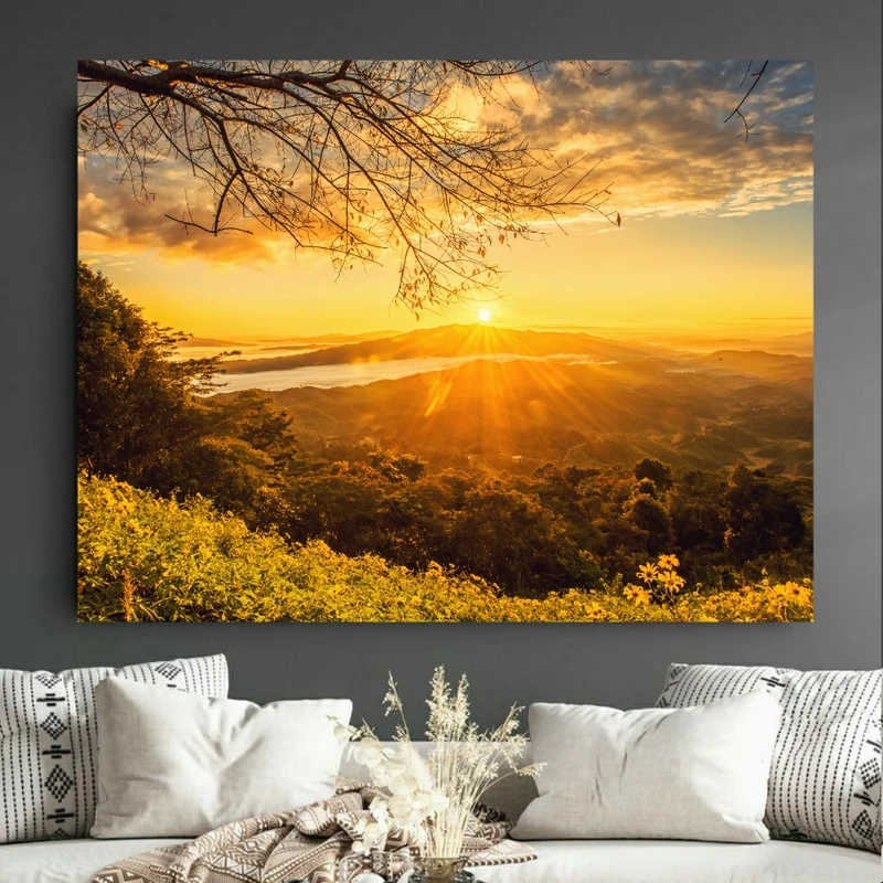 پوستر پارچه ای طرح مخمل کوهستان مدل طلوع خورشید کد BK23396