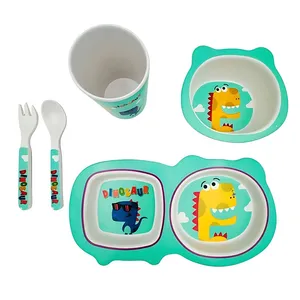 سرویس غذاخوری 5 تکه کودک مدل فیبر بامبو طرح دایناسور