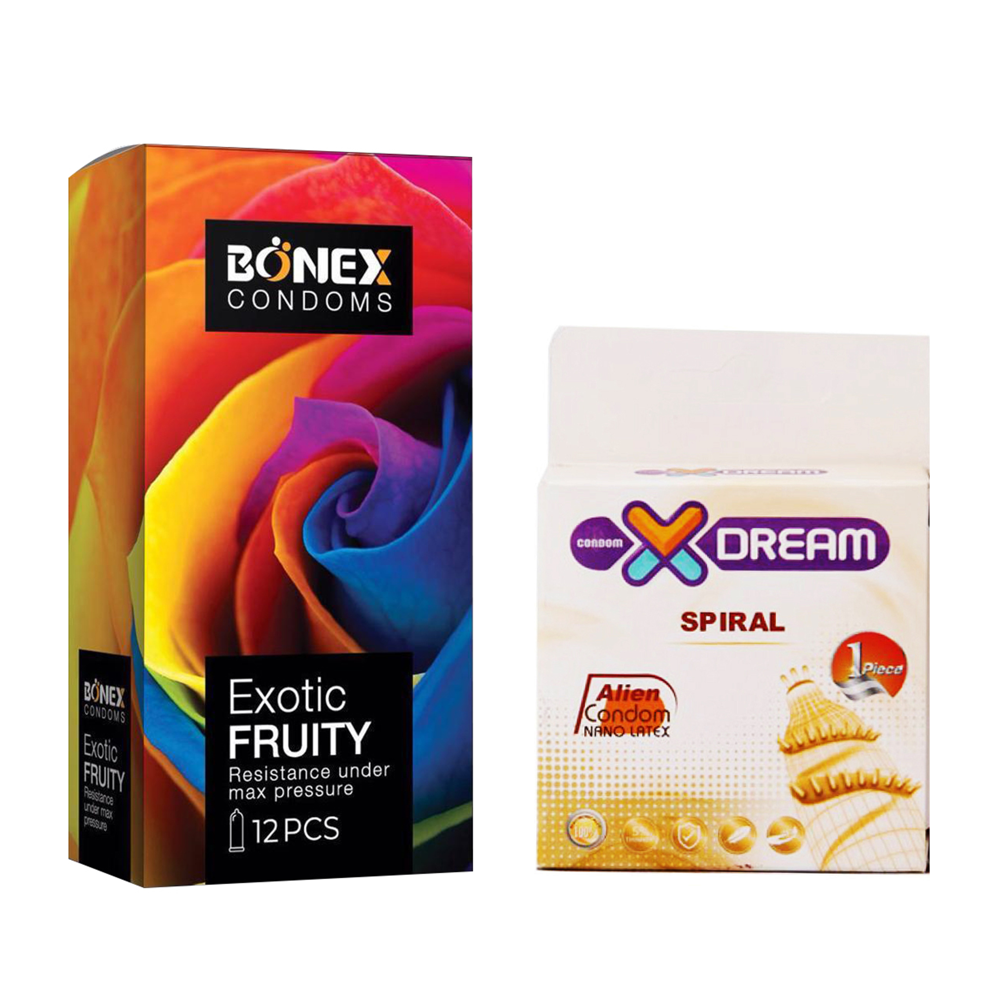 کاندوم بونکس مدل Exotic Fruity بسته 12 عددی به همراه کاندوم ایکس دریم مدل Spiral