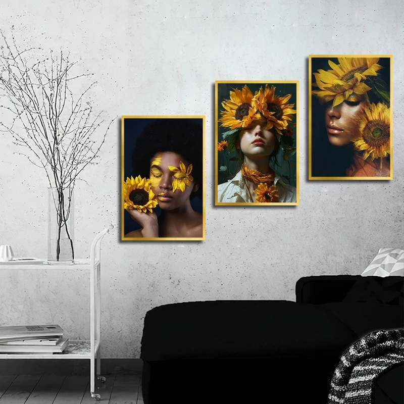 تابلو بکلیت طرح مدرن چهره و گل آفتابگردان مدل T-2382 مجموعه 3 عددی