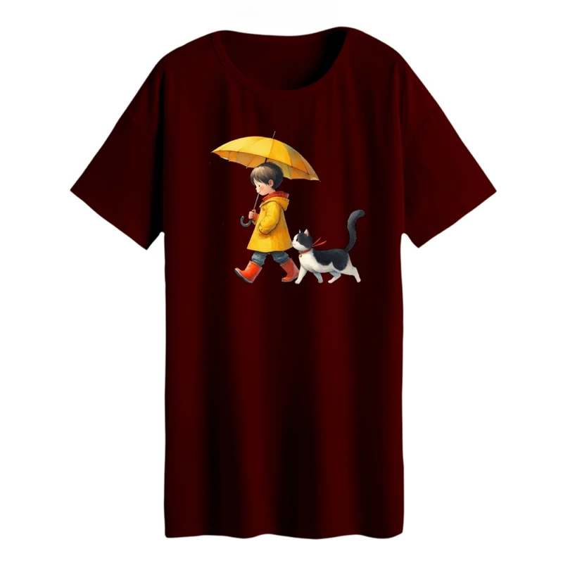 تی شرت لانگ زنانه مدل دخترک و گربه کد 2