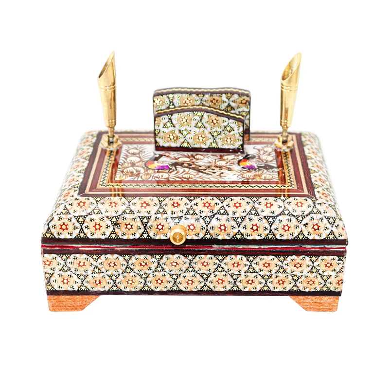 قلمدان خاتم کاری مدل دانشجویی طرح گل و مرغ برجسته کد Br15p11-1f2