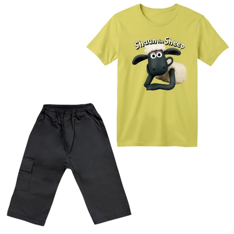 ست تی‌شرت آستین کوتاه و شلوارک پسرانه مدل گوسفند ناقلا رنگ لیمویی