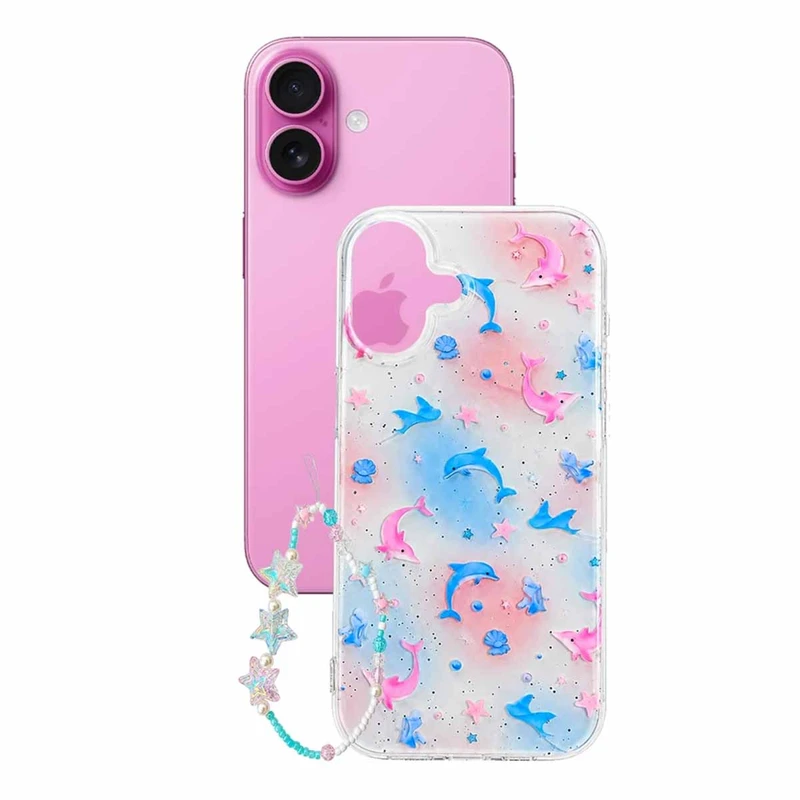 کاور مدل DOLPHIN مناسب برای گوشی موبایل اپل iPhone 16  به همراه بند آویز