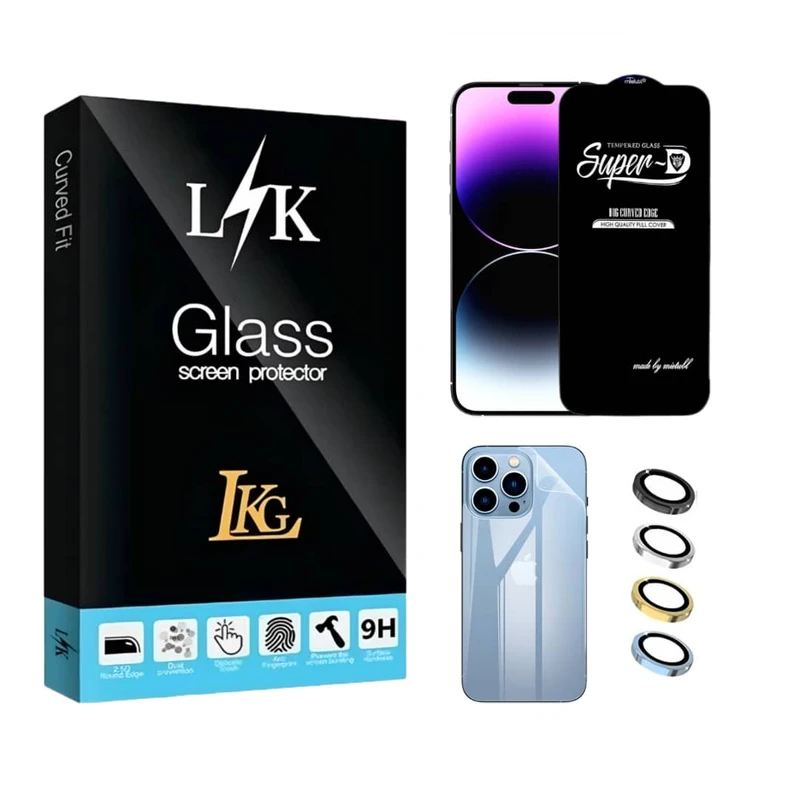 محافظ صفحه نمایش ال کا جی مدل سوپر دی مناسب برای گوشی موبایل اپل iPhone 14 Pro Max به همراه محافظ پشت گوشی و محافظ لنز