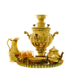 سرویس سماور ذغالی 12 پارچه برنجی مدل توپی ترک دار کد 4286