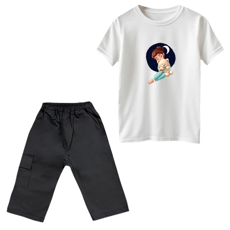 ست تی‌شرت و شلوارک دخترانه مدل دخترک و ماه