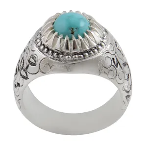 انگشتر نقره مردانه بازرگانی میلادی مدل سنگ فیروزه طبیعی نیشابور رکاب دست ساز  سیاه قلم کد AM_1802