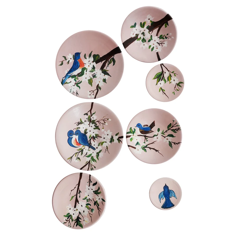 بشقاب دیوارکوب سفالی طرح پرنده کد 005 مجموعه 7 عددی