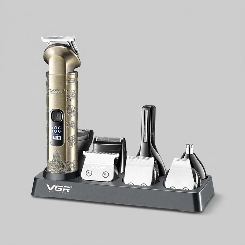 ست ماشین اصلاح موی صورت و بدن وی جی آر مدل V-110 با تیغه استیل ضد زنگ، قابلیت اصلاح صفر، 10 عدد شانه متنوع، نمایشگر باتری، شارژ سریع، ضد آب و استفاده 180 دقیقه پس از شارژ